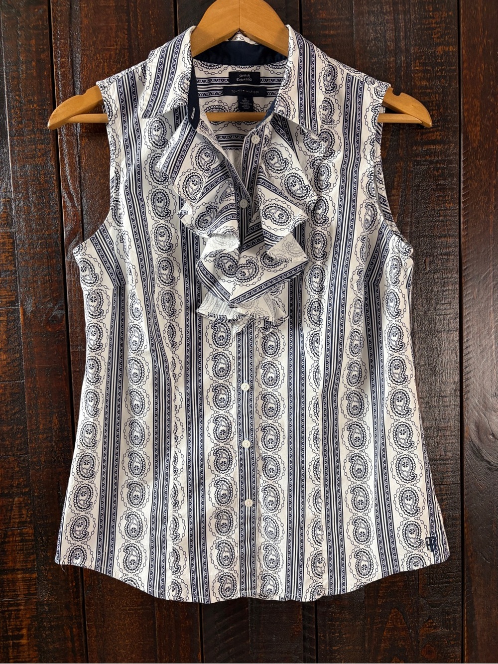 Tommy Hilfiger Sleeveless Ruffled Paisley Stripe Blouse Medium